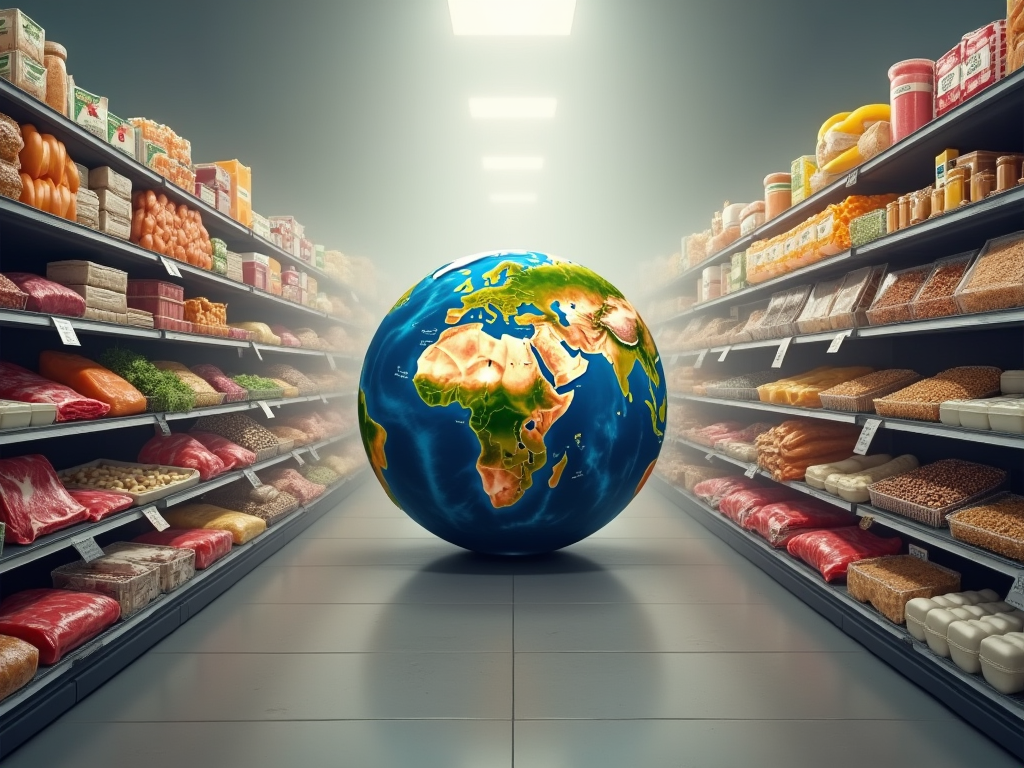 Create a visually compelling and symbolic cover image for a paper on global grocery price inflation. The image should feature a split composition, with one half depicting a bustling U.S. supermarket scene, and the other half showing a sparse market in a lower-income country. The U.S. side should have shelves stocked with a variety of goods including meats, dairy products, and eggs, showcasing abundance but with visible price tags indicating high costs. The other side should contrast starkly, with nearly empty shelves and a focus on basic staples like grains and pulses, highlighting scarcity and hardship. The center of the image should subtly merge these two scenes with a faded globe, emphasizing the global impact of food price inflation. The background should be a muted gray to draw attention to the subjects, with a soft, diffused lighting to convey a somber mood. The artistic style should be realistic with a touch of digital painting to enhance details like facial expressions of shoppers, the texture of food items, and the desolation in the sparse market. Color palette should include earth tones for the lower-income market side (browns, tans, muted greens) and brighter, more saturated colors for the U.S. supermarket (reds, blues, yellows). This cover should evoke a sense of urgency and the stark disparities in global food accessibility.