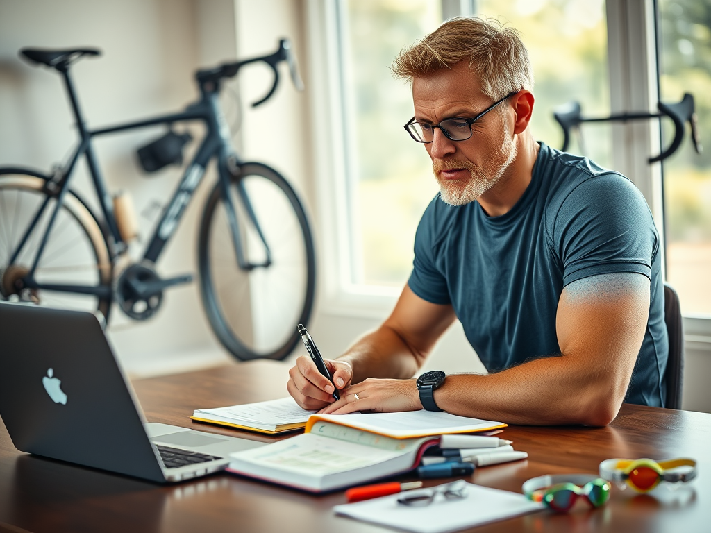 Create a realistic image of a white male athlete in his 30s sitting at a desk, looking focused while writing in a training journal. A laptop displaying a training schedule is open next to him. In the background, triathlon gear including a bike, running shoes, and swim goggles are visible. The scene is well-lit, conveying a sense of organization and dedication.