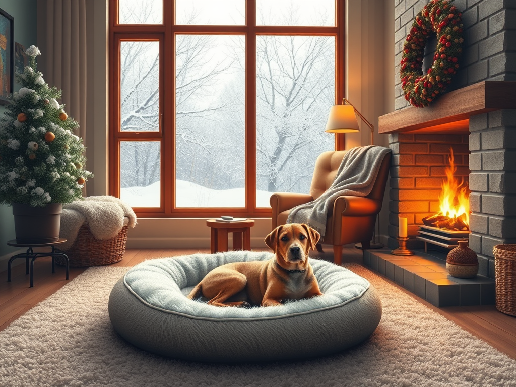 Create a realistic image of a cozy living room with a plush dog bed near a warm fireplace, a fluffy blanket draped over a nearby armchair, and a large window showing a snowy winter scene outside, emphasizing a warm and inviting indoor atmosphere for a dog during cold weather.