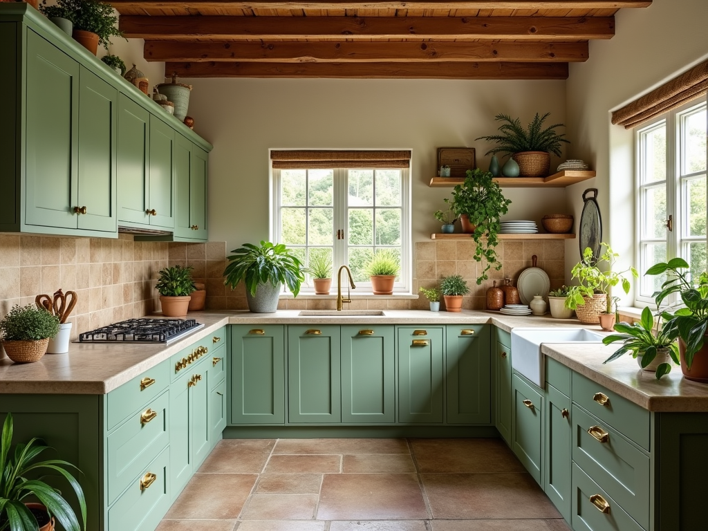 Mediterranean Charm: Sage Green Cabinets with Brass Hardware