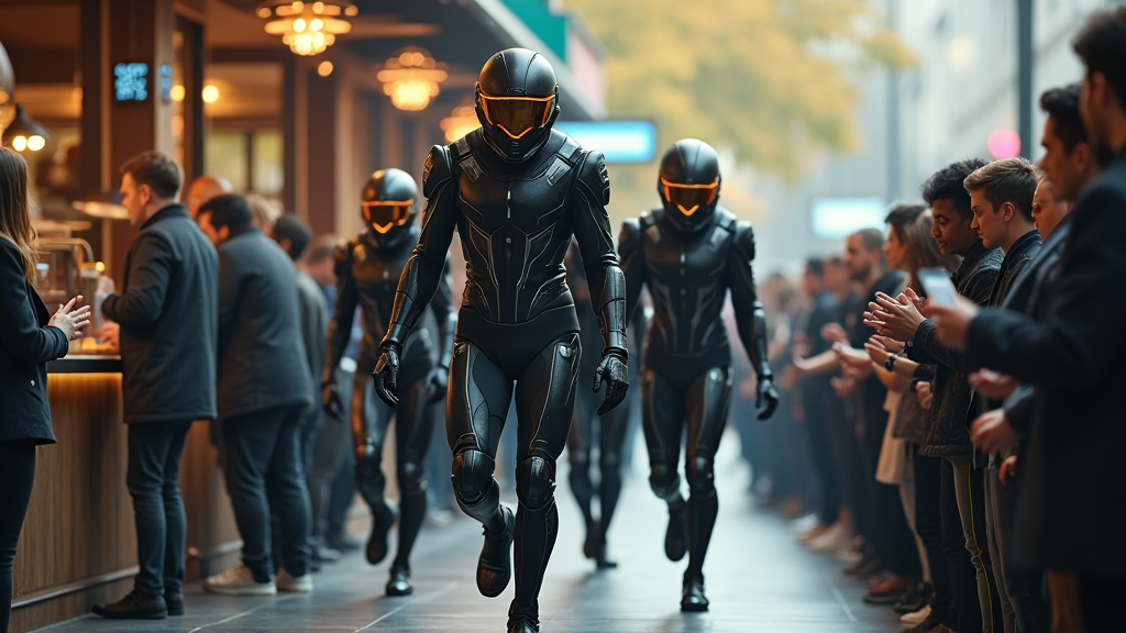 A group of futuristic athletes poised to jump in front of a long line at a coffee shop, wearing sleek, high-tech suits and helmets with glowing visors while spectators cheer them on from the sidelines.