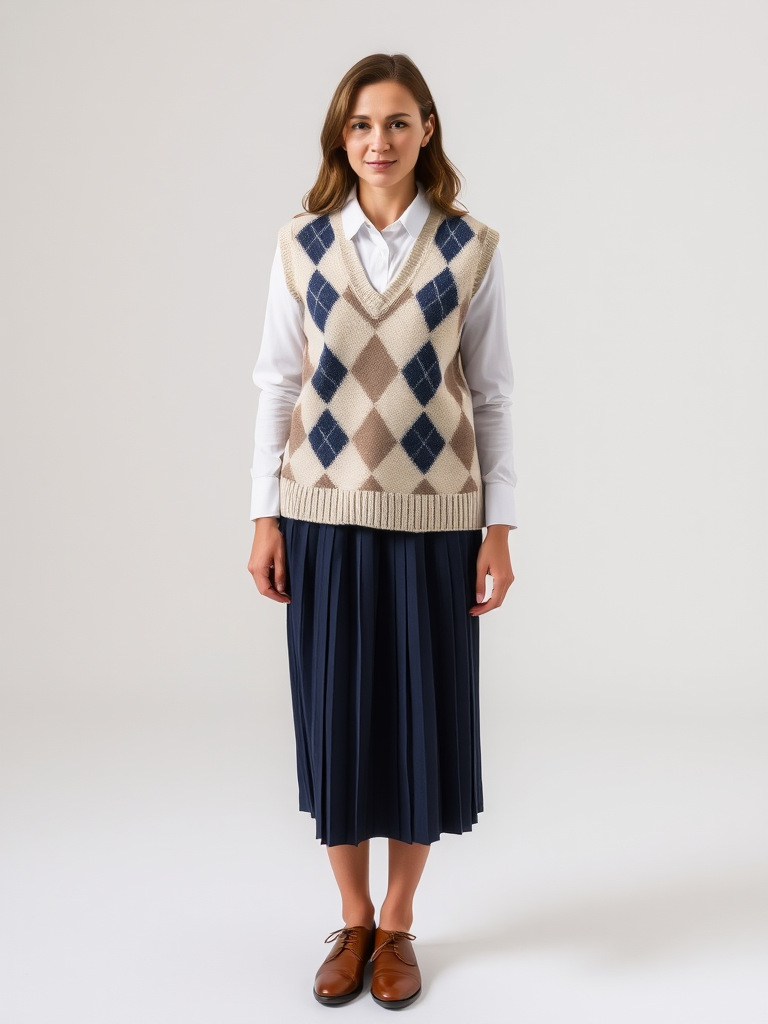 Woman in preppy sweater vest outfit