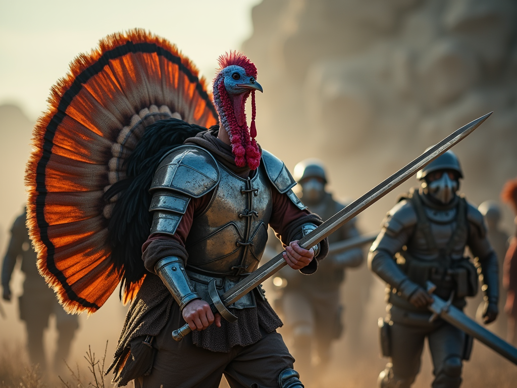 a-turkey-wearing-medieval-armor-holding-lfsdx577pz