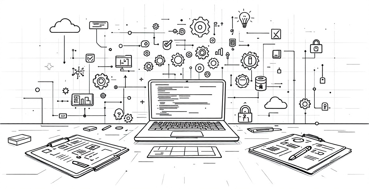Minimalist sketch of technical implementation tools with laptop, code symbols, flowcharts, and integration elements on a clean workspace