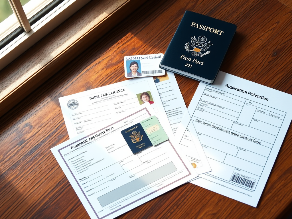 Create a realistic image of a wooden desk with a spread of essential passport application documents, including a birth certificate, driver's license, social security card, and a blank passport application form. A navy blue passport cover is visible in the corner. Natural light streams in from a nearby window, illuminating the scene.