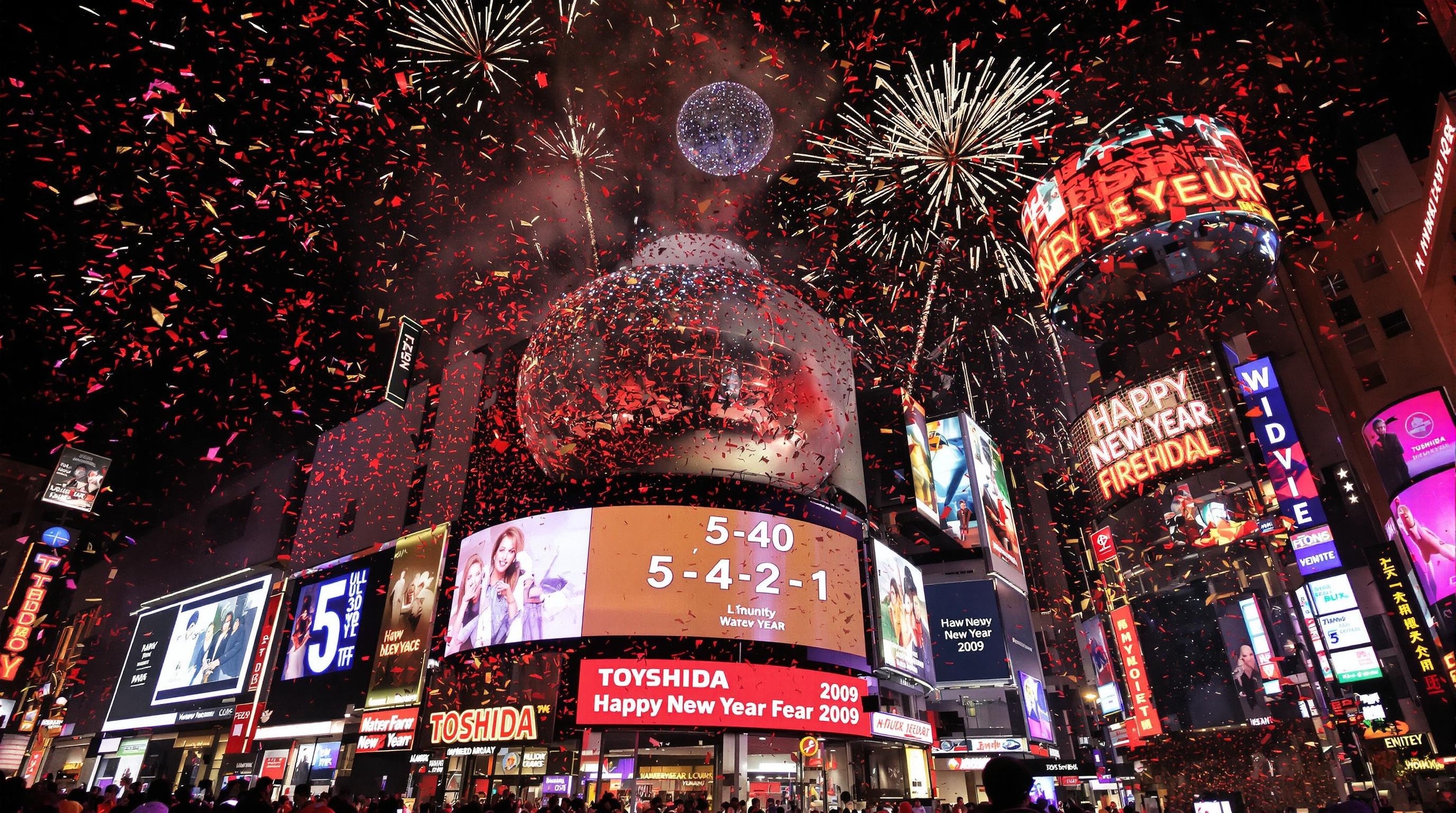 Times Square ball New Year’s Eve countdown to 2008 2009 Toshiba Countdown at dark midnight as we Ring in the new year with popping colorful confetti machine and fireworks happy new year 2009 billboard stage screens