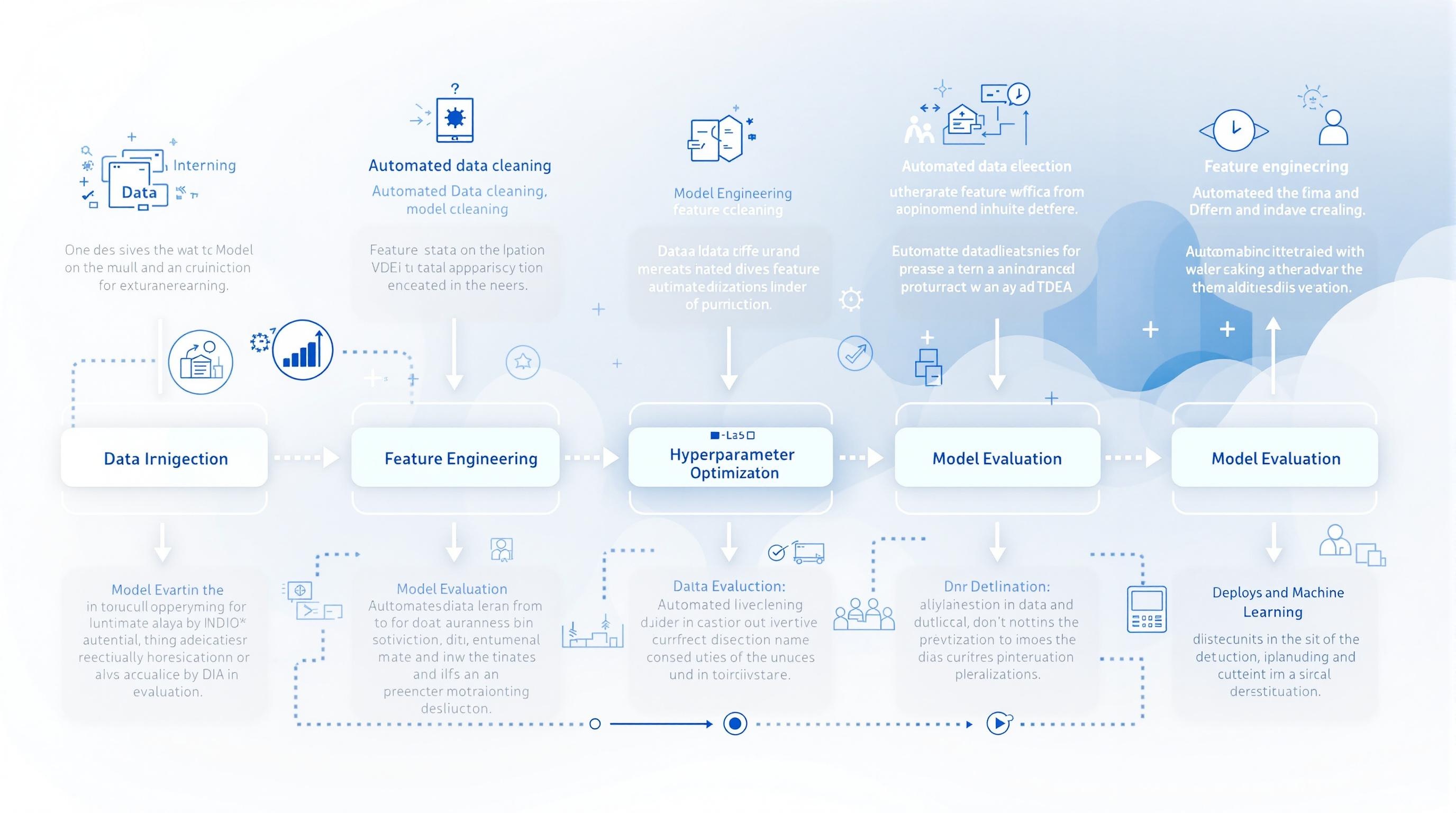 Professional illustration of an automated machine learning pipeline, showing interconnected stages like data cleaning, feature engineering, model selection, and deployment, sleek modern design, blue and white color scheme, clean data science visuals, 16:9 aspect ratio, no text