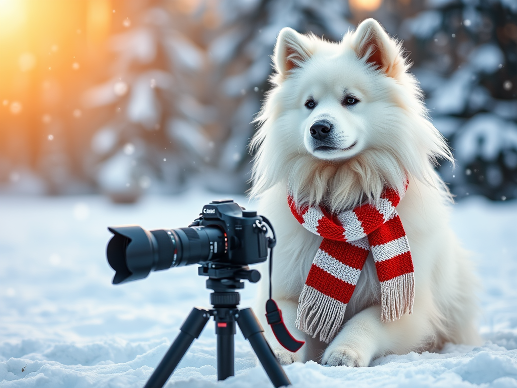 Create a realistic image of a fluffy white Samoyed dog wearing a red and white striped scarf, sitting in snow with snowflakes falling around, a professional camera on a tripod positioned in front of the dog, warm golden hour lighting, blurred winter trees in the background, creating a cozy and festive winter photography scene.