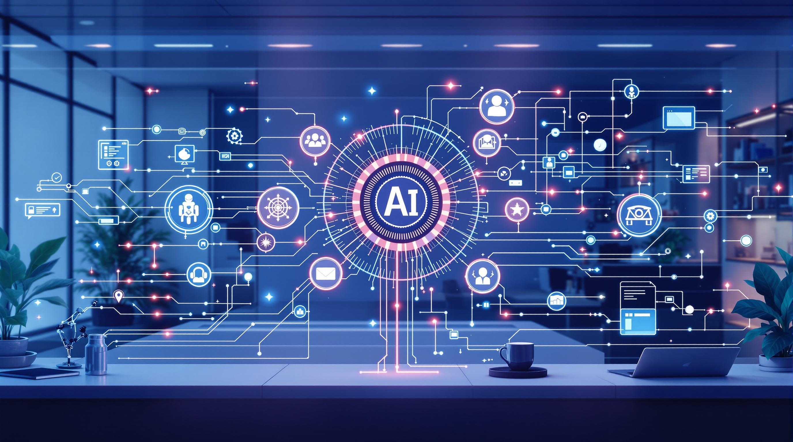 Dynamic visual showing diverse business sectors—manufacturing, finance, healthcare, and small business—benefiting from AI workflow automation, with abstract icons representing each industry connected by intelligent digital pathways, polished and contemporary style, no text, 16:9 aspect ratio
