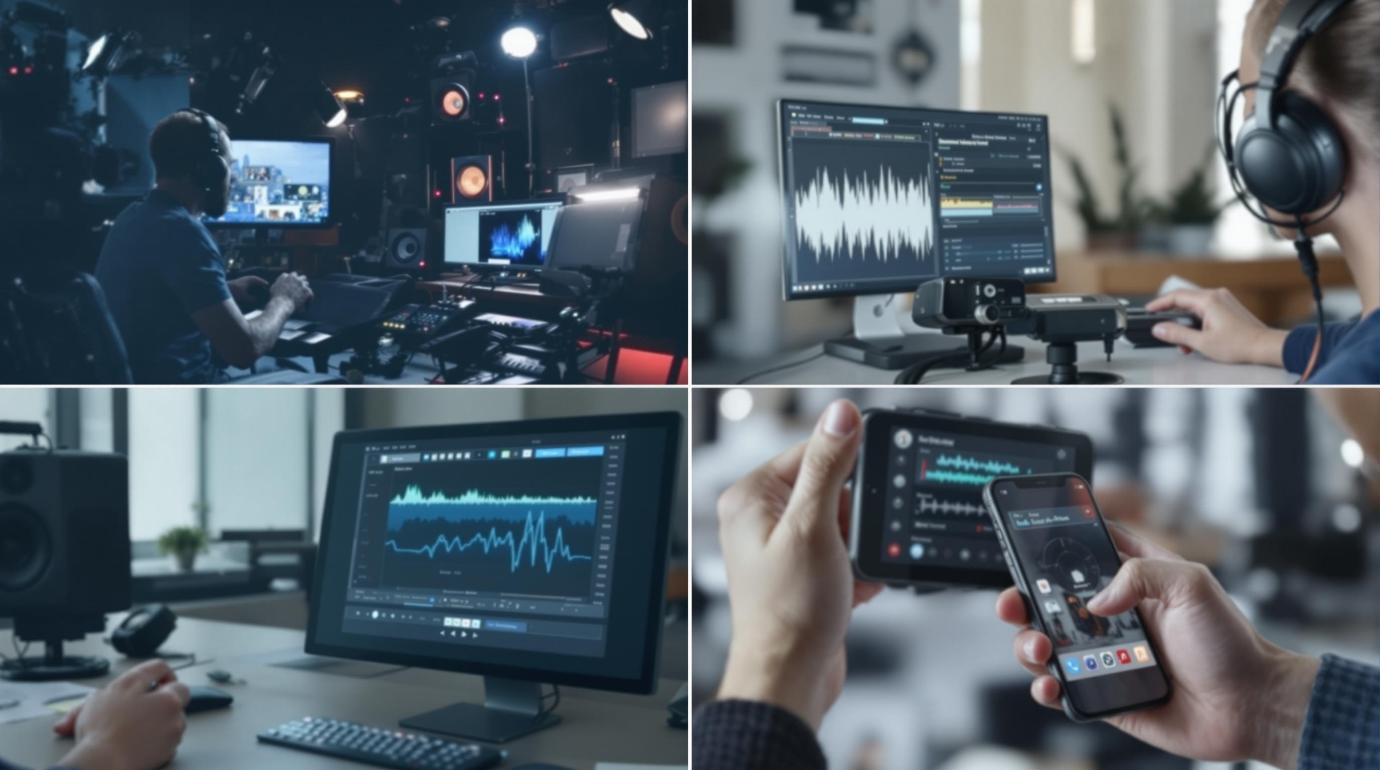 Dynamic collage showing diverse real-world uses of voice cloning: a film director at a dubbing studio, a content creator editing audio, an accessibility device with waveform graphics, and a digital assistant interface, all in a modern, clean, professional style, 16:9 aspect ratio