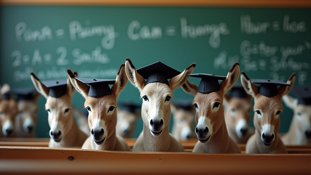A classroom filled with donkeys wearing tiny graduation caps, nonchalantly rolling their eyes at a chalkboard filled with complex equations and motivational quotes.