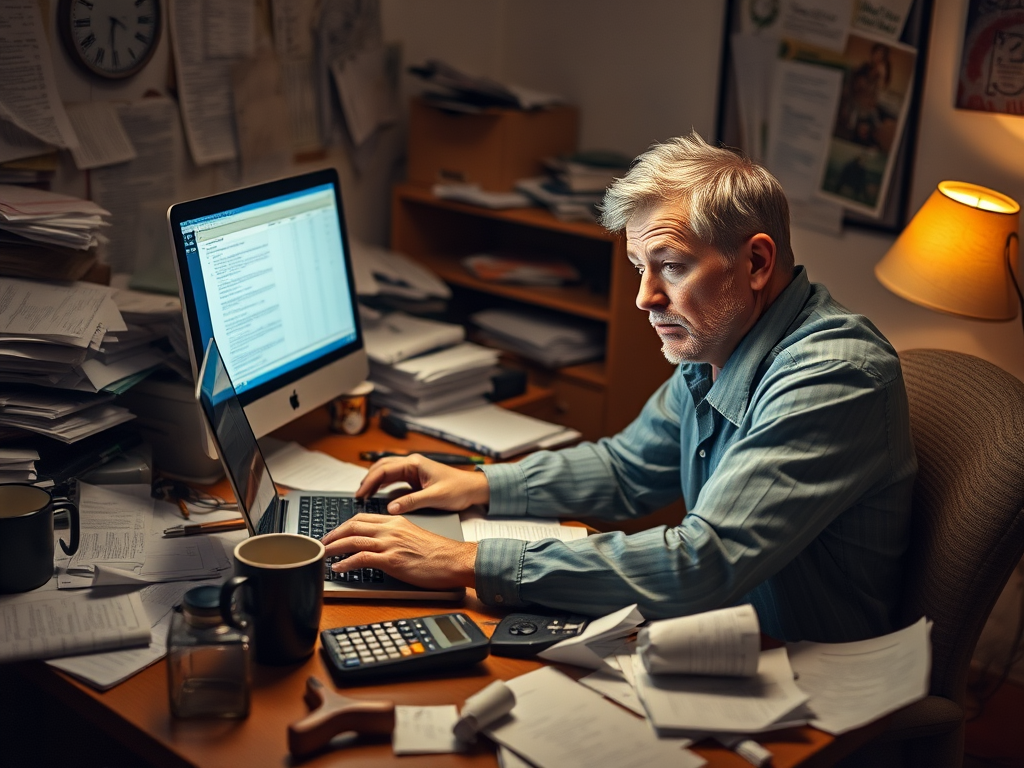 Créez une image réaliste d'un homme blanc frustré d'une trentaine d'années assis à un bureau encombré, entouré de formulaires fiscaux et de reçus éparpillés, fixant l'écran d'un ordinateur portable avec une expression confuse. Une calculatrice, une tasse à café et des papiers froissés sont visibles sur le bureau. La pièce est éclairée par une lumière chaude et faible, ce qui crée une atmosphère stressante.
