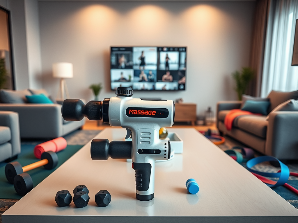 Create a realistic image of a modern living room with a massage gun prominently displayed on a coffee table, surrounded by various sports equipment like yoga mats, dumbbells, and resistance bands. The massage gun should have visible heat and cold therapy attachments. In the background, show a flat-screen TV displaying different workout routines. Soft, warm lighting illuminates the scene, emphasizing the versatility of the massage gun in different fitness and recovery applications.
