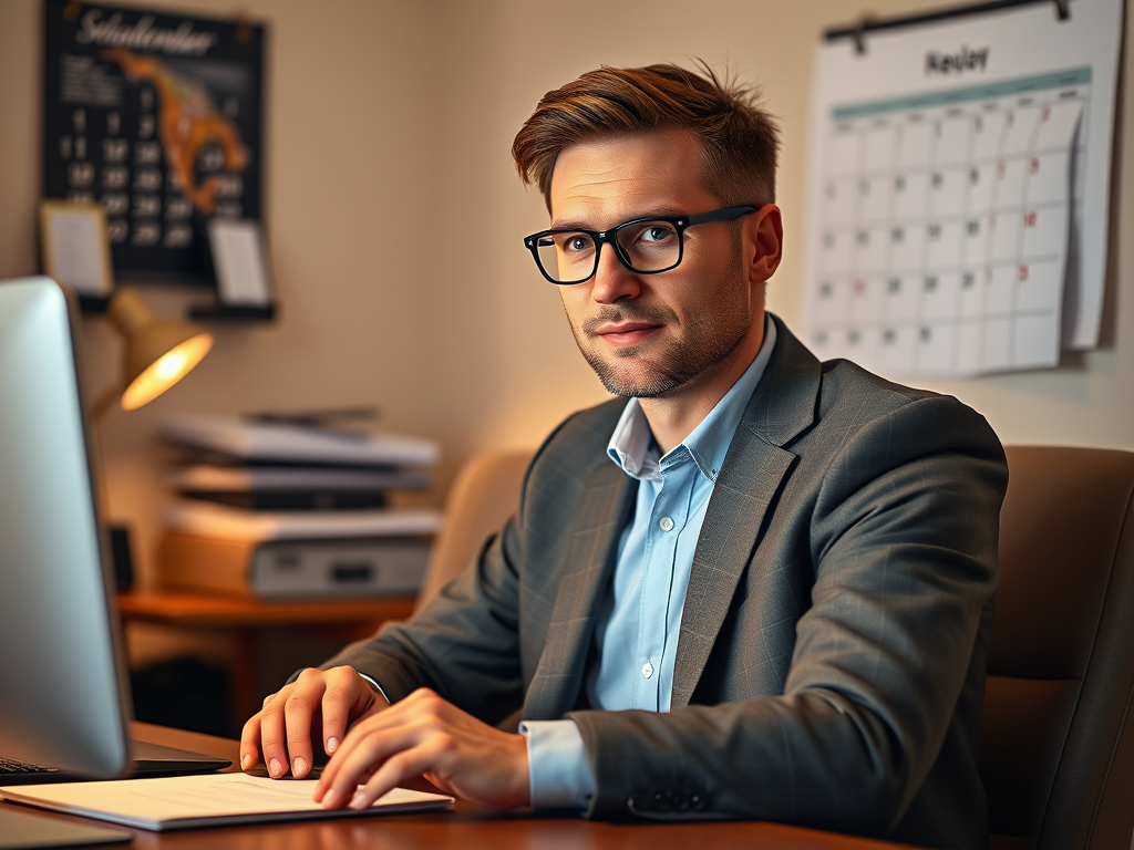 Create a realistic image of a white male in his 30s, dressed in business casual attire, sitting at a desk with a computer and legal documents, looking focused and determined. A calendar on the wall shows marked dates, symbolizing regular check-ins. The background suggests a home office setting with warm lighting, creating a sense of personal responsibility and commitment to maintaining a clean record.