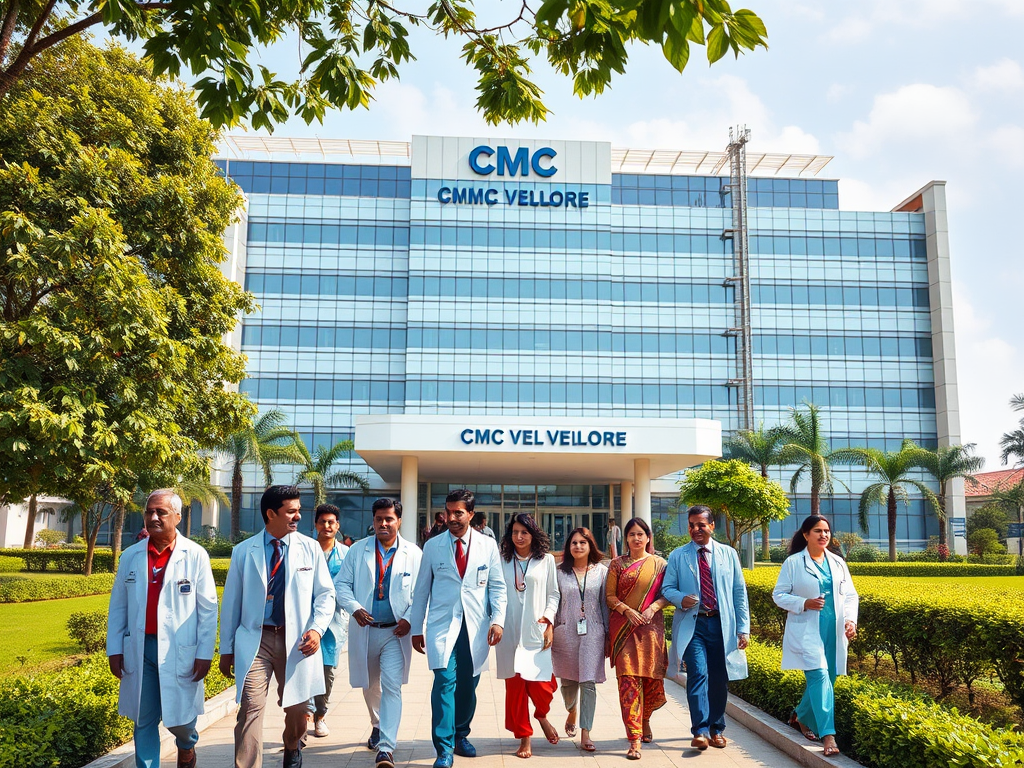 Create a realistic image of a modern hospital building with CMC Vellore's logo prominently displayed, surrounded by lush green landscaping, with a diverse group of medical professionals (including Indian male and female doctors and nurses) walking in the foreground, conveying a sense of expertise and compassionate care in a prestigious medical institution.