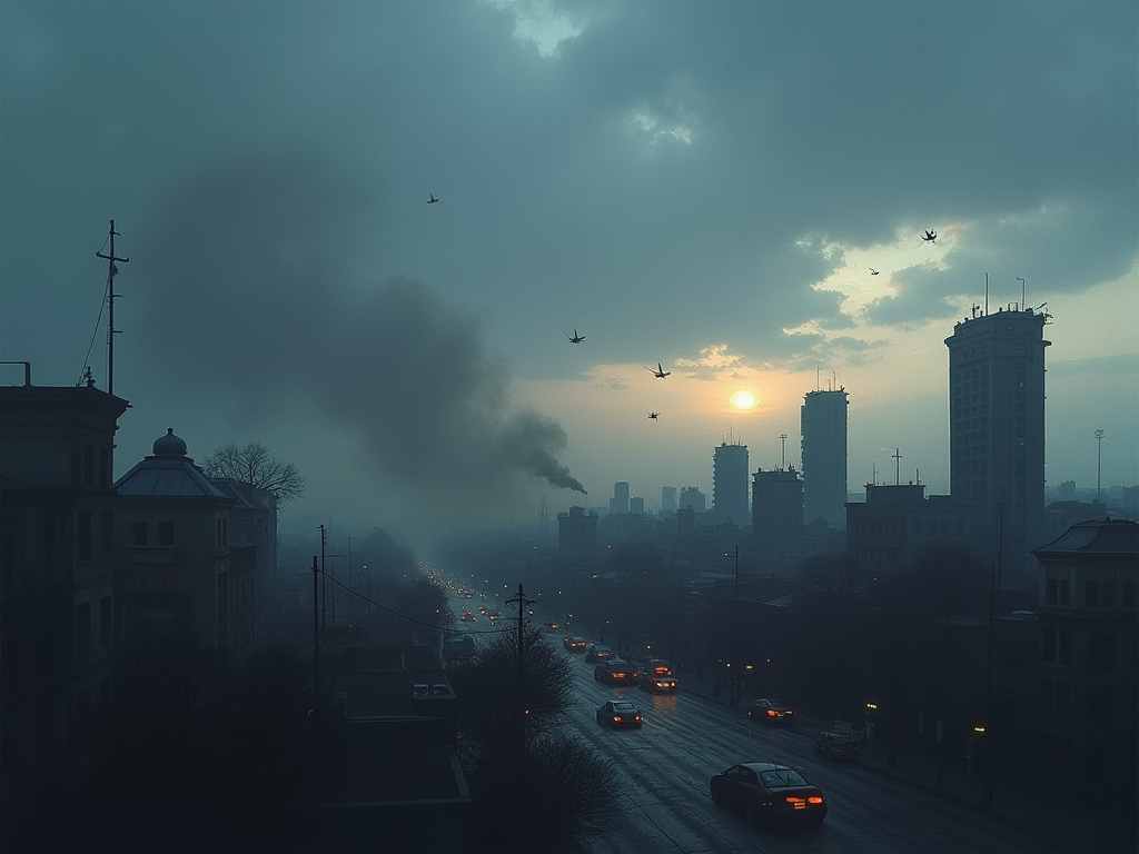 Create a powerful and evocative digital painting for the cover of a paper analyzing a recent terrorist attack in Turkey. The image should feature a stark and imposing cityscape of Ankara, with the foreground focusing on a slightly blurred depiction of Turkish Aerospace Industries (TUSAS), symbolizing the immediate aftermath of the attack. Include subtle, abstract representations of smoke and debris to convey the chaos and impact of the event. The background should show a dramatic sky at dusk, painted in deep blues and grays, hinting at the somber mood and the uncertainty of the situation. In the sky, faint silhouettes of military jets symbolize the subsequent airstrikes, adding a layer of tension. The overall lighting should be dim and moody, with occasional sharp highlights reflecting off broken glass and metal, emphasizing the sharpness and suddenness of the attack. The artistic style should blend realism with elements of digital impressionism to give the scene a tense, almost surreal feeling. This artwork should not only depict the physical setting but also evoke the emotional gravity of the incident, the global reactions, and the complex geopolitical landscape that surrounds it.