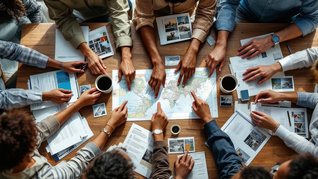 Diverse volunteers collaborating over maps and materials