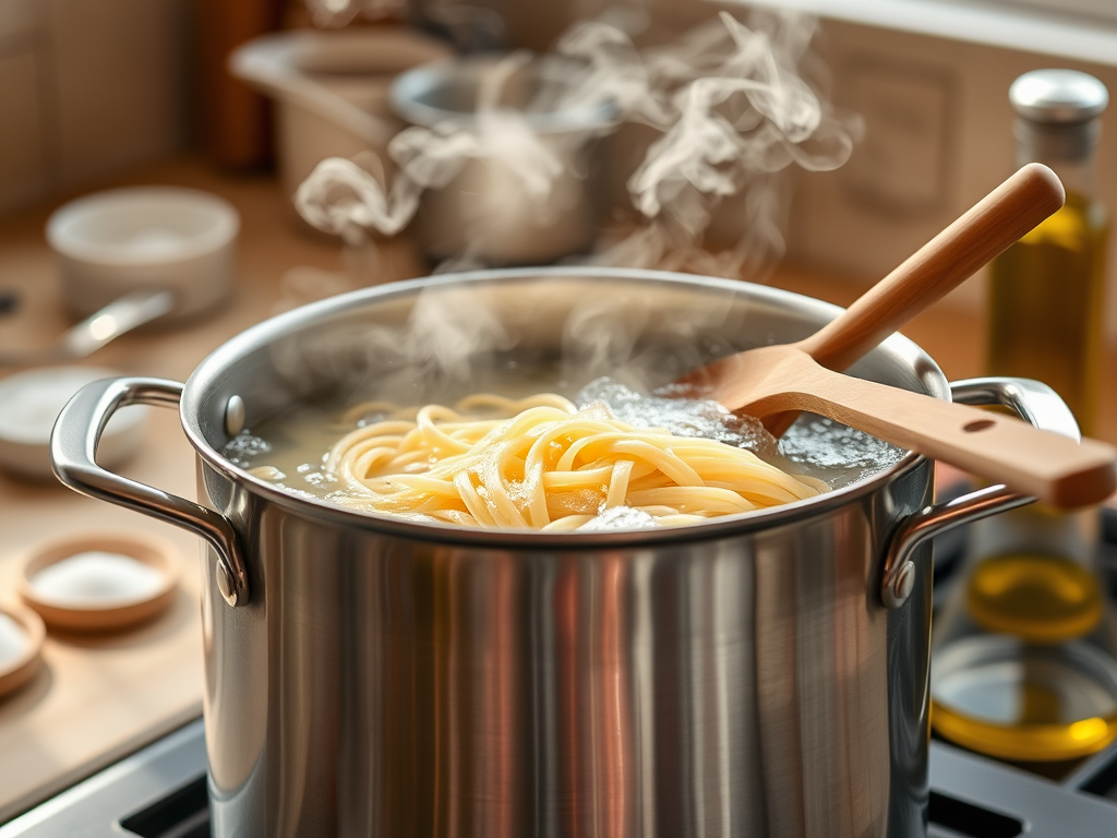 Create a realistic image of a stainless steel pot filled with boiling water and pasta, steam rising, with a wooden spoon resting on the edge of the pot. The background shows a kitchen countertop with measuring cups, salt, and olive oil nearby. Warm, natural lighting illuminates the scene, emphasizing the texture of the pasta and the bubbling water.