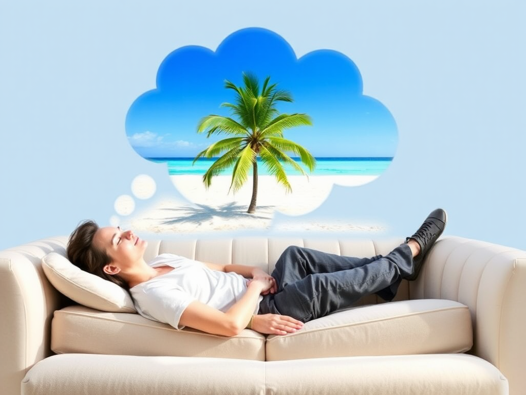 guided imagery: someone relaxing on a sofa with their eyes closed with a thought bubble showing an image of a beach blue sea with a palm tree 