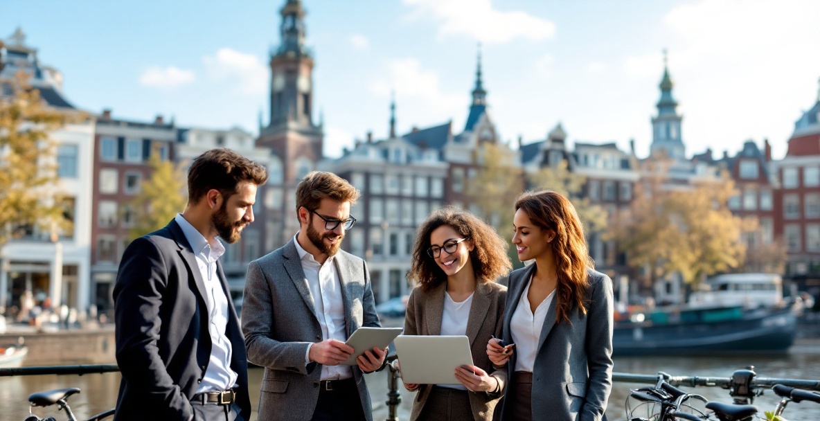 モダンと伝統 Amsterdam 運河沿いで専門家たちが法律問題を議論している街並み。