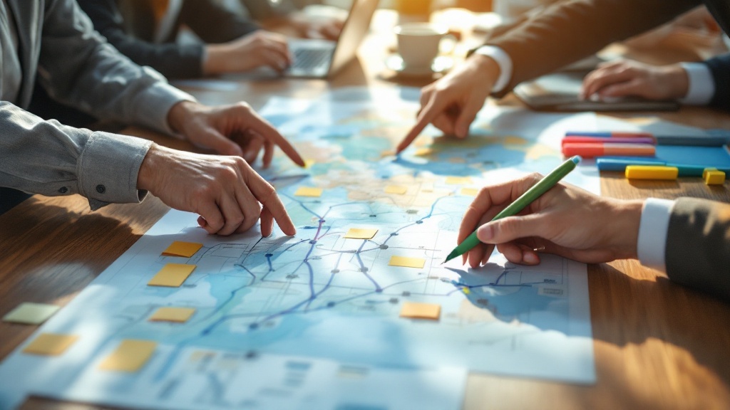 Business team collaborating on supply chain route planning