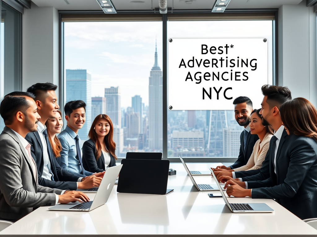 Create a realistic image of a diverse group of advertising professionals (including white, black, and Asian men and women) in business attire gathered around a conference table in a modern New York City office, with a large window showcasing the city skyline in the background. On the table, place laptops, tablets, and creative mockups. A whiteboard on the wall displays the text "Best Advertising Agencies NYC" in bold letters.