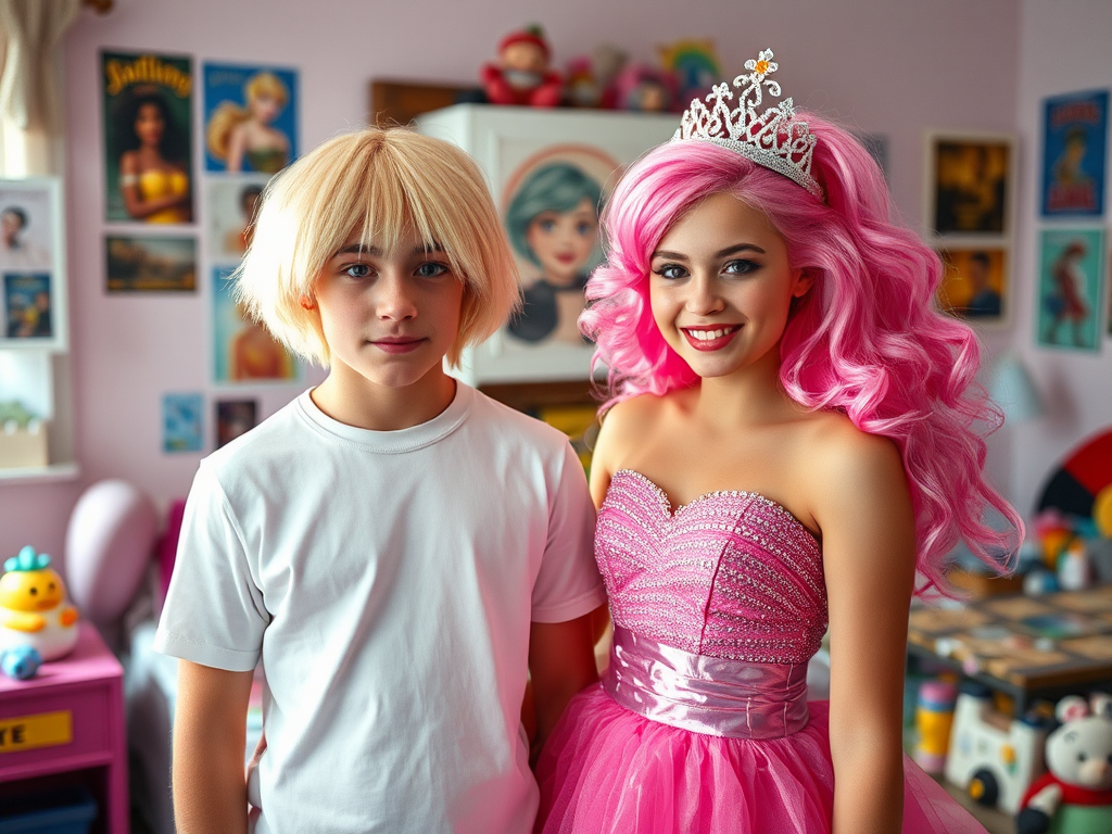 teenage girl dressing teenage boy in a barbie doll costume