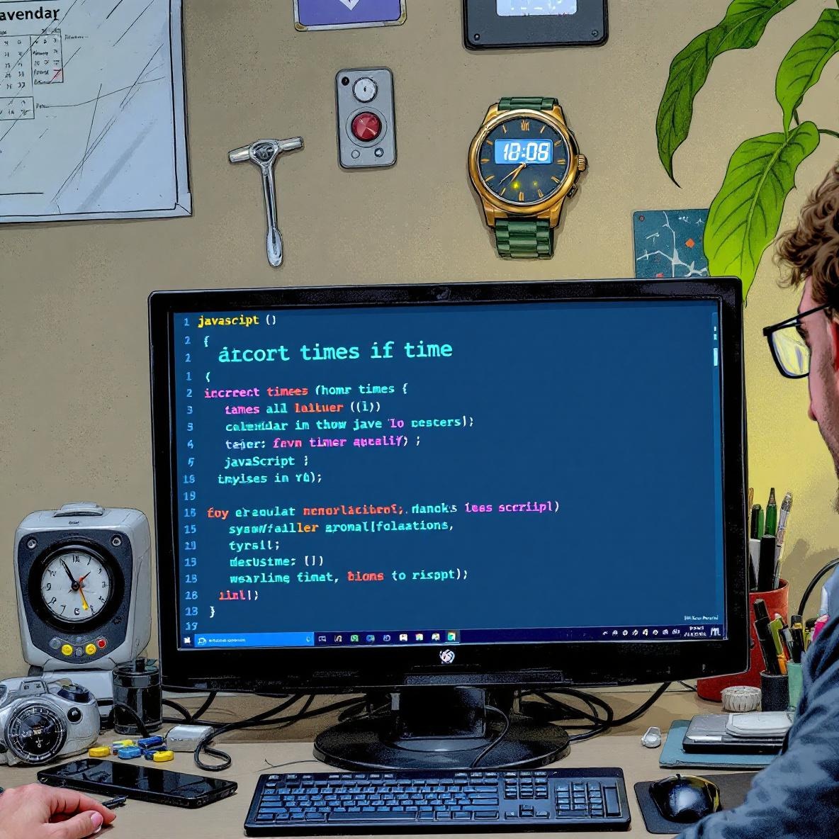 A scene depicting a digital clock on a computer displaying wrong times, accompanied by a calendar application and a confused user in an office setting.