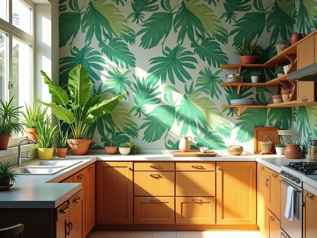 Transform Your Kitchen: Tropical Paradise with Palm Leaf Wallpaper