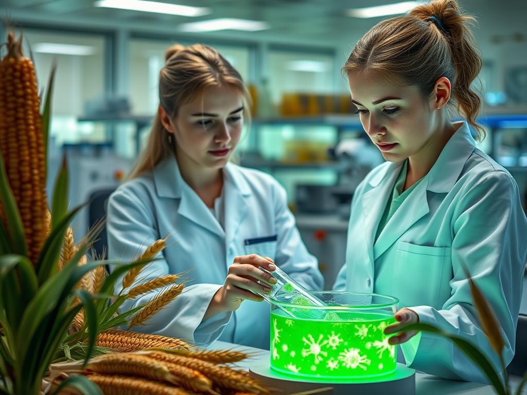 Create a realistic image of a laboratory setting with a white female scientist in a lab coat examining a petri dish containing a glowing green virus culture, surrounded by agricultural products like corn and wheat, with biotechnology equipment such as gene sequencers and microscopes visible in the background, soft lighting illuminating the scene to emphasize the scientific atmosphere.