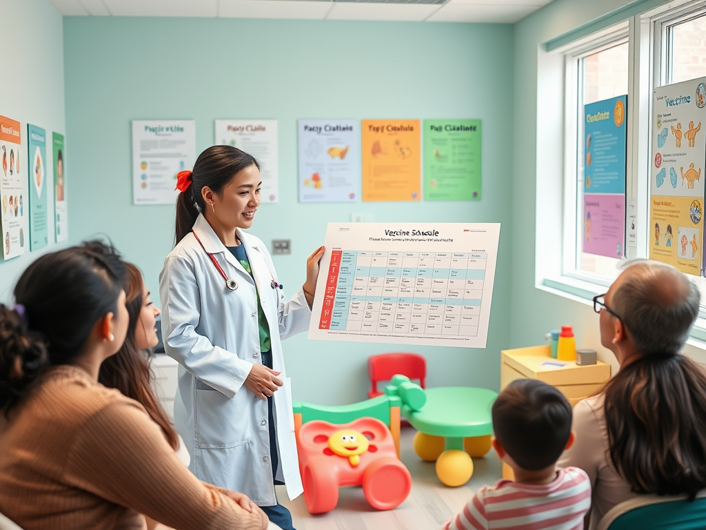 Create a realistic image of a white female doctor in a white coat showing a vaccine schedule chart to a diverse group of parents (including white, black, and Asian individuals) in a bright, modern pediatric office, with colorful posters about child vaccinations on the walls and a playful examination table in the background.