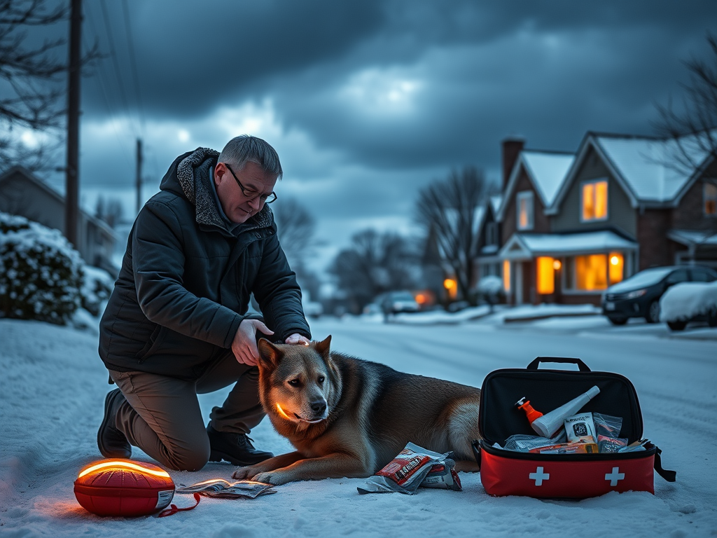 Create a realistic image of a snowy, suburban street at dusk with a house in the background, its windows glowing warmly. In the foreground, a white male in his 40s wearing a winter coat is kneeling next to a large dog, attaching reflective bands to its collar. Nearby, an emergency preparedness kit with pet supplies is visible on the snow-covered ground. Dark storm clouds loom overhead, creating a sense of urgency.