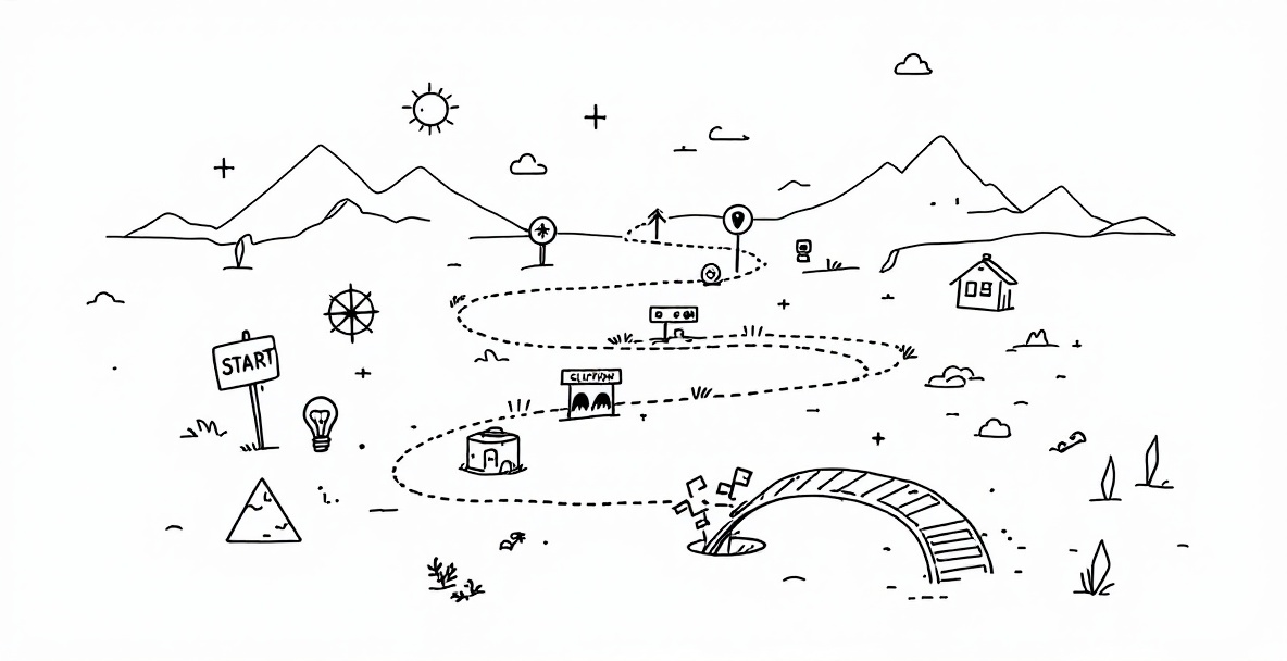 Minimalist sketch showing a winding path with obstacles, pitfalls and solutions from start to finish, labeled with icons and bridges.