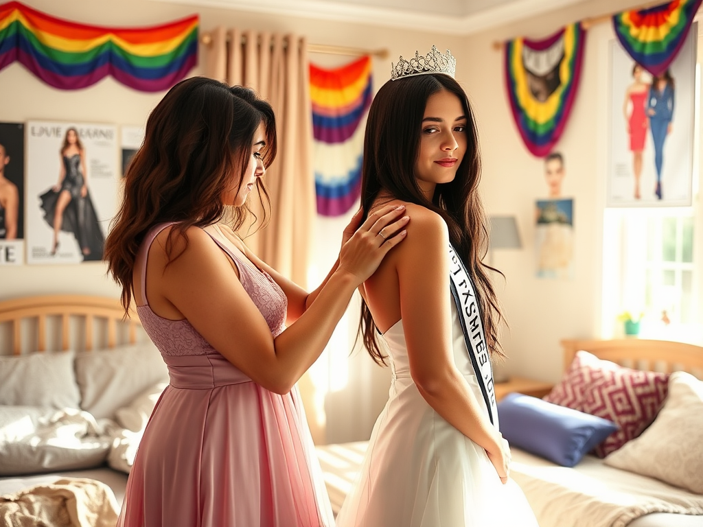 mother dressing her teenage son as a woman for a crossdress pageant