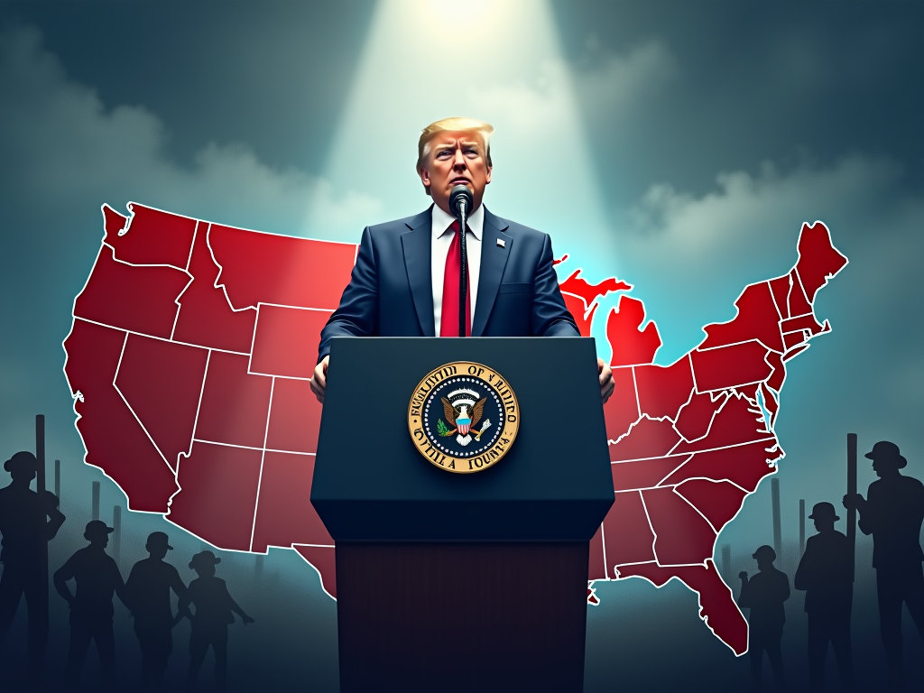 Visualize a dynamic and thought-provoking cover image for the paper titled 'Analyzing the Swing State Sweep: How Trump's Economic and Cultural Strategies Won Major Swing States'. The image should feature a large, central map of the United States, with swing states highlighted in contrasting colors. Above the map, depict a confident Donald Trump with a determined expression, dressed in a dark blue suit, standing behind a podium adorned with the presidential seal, addressing an unseen crowd. Surrounding him are faint silhouettes of diverse American workers, symbolizing his appeal to the working class. In the background, integrate subtle images of industrial landscapes and farming scenes to represent economic focus. The sky above should transition from a stormy gray near the edges to a clear, hopeful blue above Trump, symbolizing the political shift. The overall mood should convey a sense of decisive victory and strategic dominance. Use a realistic artistic style with a deep, rich color palette consisting of navy blue, steel gray, and rustic browns, to evoke a sense of seriousness and historical importance. The lighting should be dramatic, with a spotlight effect on Trump and a softer glow on the map and surrounding figures, creating depth and focus on the key elements of the composition.