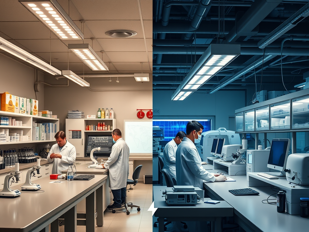 Create a realistic image of a split-screen laboratory scene: on the left, a vintage 1950s lab with scientists in white coats working slowly on vaccine development, and on the right, a modern high-tech lab with researchers using advanced equipment and computers for rapid vaccine creation, symbolizing the evolution from years to months in vaccine development.