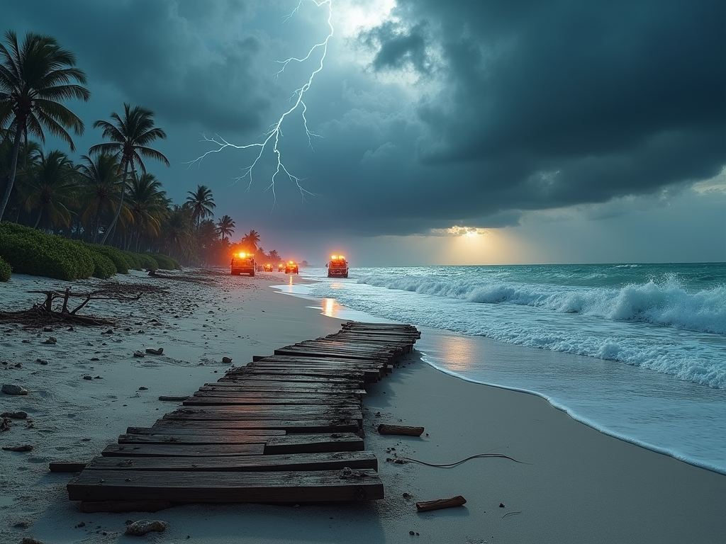 Visualize a dramatic and impactful cover image for the paper discussing the aftermath of Hurricane Milton. The scene is set on Siesta Key beach, capturing the moment right after the storm. The foreground shows remnants of a shattered boardwalk, with broken planks and scattered debris, vividly illustrating the storm's intensity. In the background, dark, ominous clouds still linger in the sky, suggesting the recent passing of the hurricane, with occasional lightning strikes visible. The ocean is turbulent, with high waves crashing onto the shore, embodying the storm surge. A few emergency response vehicles and personnel can be seen in the distance, symbolizing the ongoing rescue efforts. The scene is lit by a dramatic, post-storm light, casting long shadows and highlighting the textures of the wet sand and debris. The mood is somber yet hopeful, reflecting the resilience in the face of natural disaster. The color palette includes deep blues and grays for the sky and ocean, earthy browns and muted greens for the debris, and bright flashes of white and yellow for the lightning and emergency lights. The artistic style is realistic with a touch of hyper-realism to emphasize the textures and emotions of the scene. This image should capture the essence of the hurricane's impact, the response efforts, and the initial steps towards recovery.