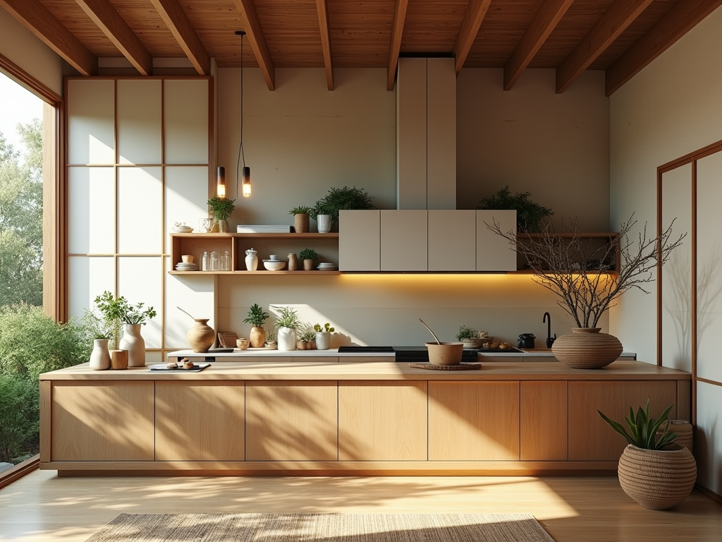 Embrace Serenity: Japanese Minimalist Kitchen with Shoji Screens