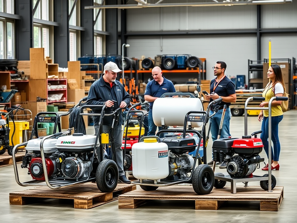 Create a realistic image of a pressure washer skid with various models and sizes displayed in a warehouse or showroom setting, highlighting different features such as pump types, engine options, and water tank capacities, with a white male customer examining the equipment while a diverse sales team stands nearby ready to offer advice.