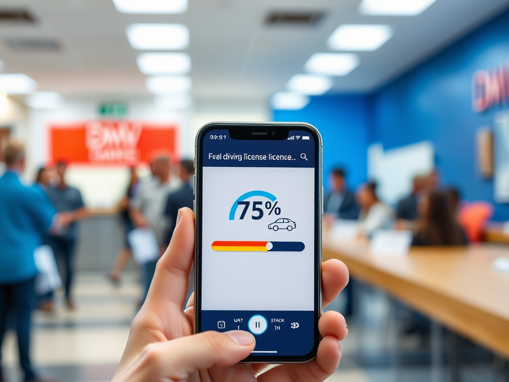 Create a realistic image of a smartphone screen displaying a driving license customization progress bar at 75%, with a stylized car icon next to it, against a blurred background of a DMV office interior with people waiting in line.