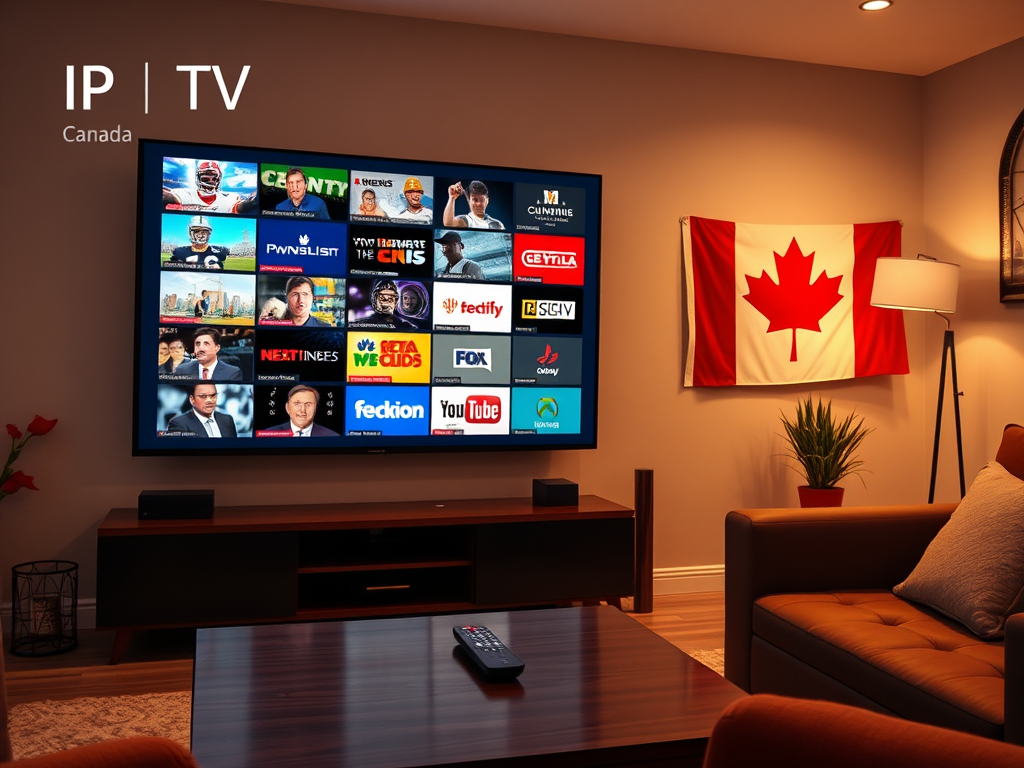 Create a realistic image of a modern living room with a large flat-screen TV displaying multiple channels in a grid layout, a remote control on a coffee table, and a Canadian flag hanging on the wall. The TV should show a mix of sports, news, and entertainment channels. The room is warmly lit, creating a cozy atmosphere. Include the text "IPTV Canada" in the corner of the TV screen.