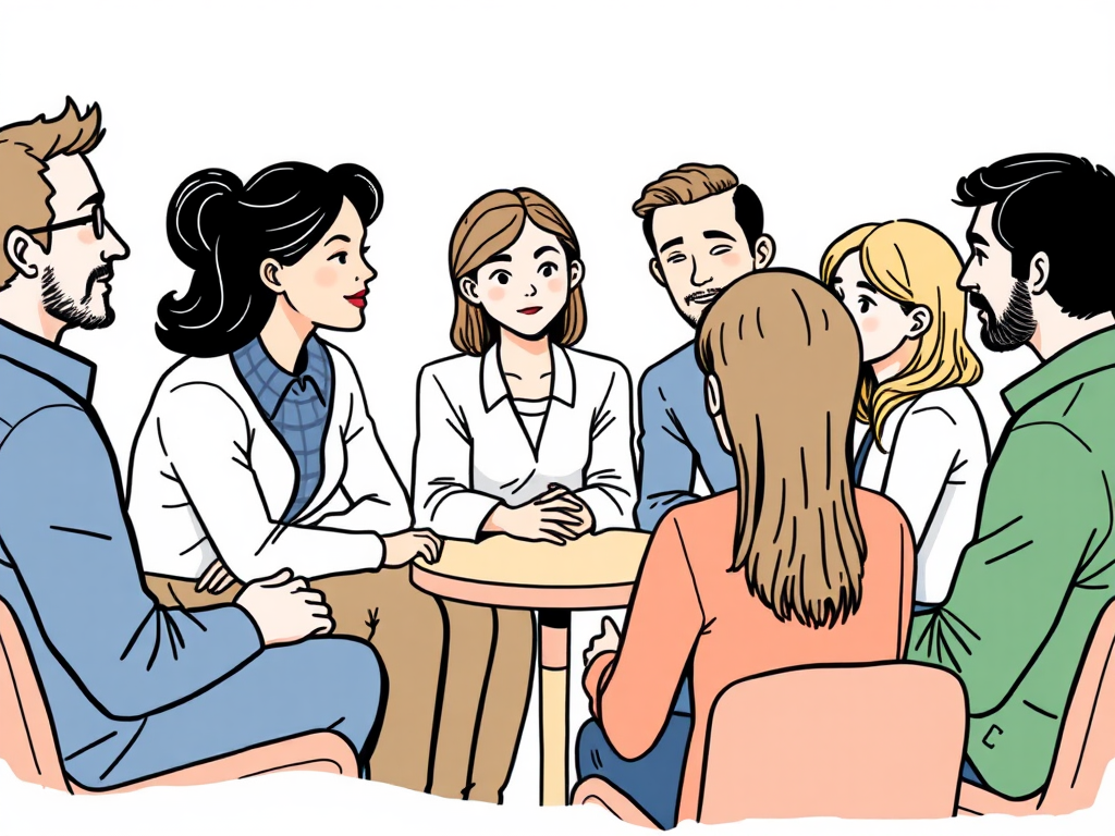 Support group image of a drawing (clipart) of 5-6 people (men and women) talking in a circle with varying expressions around a small table
