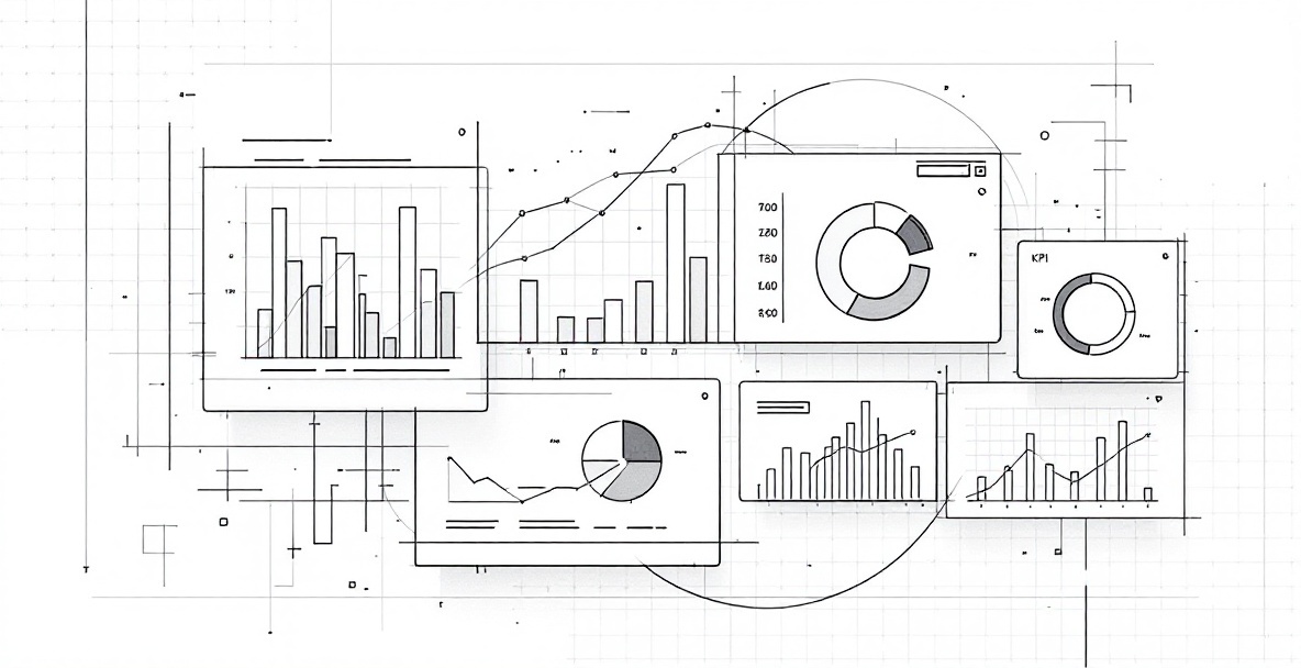 Minimalist wireframe sketch of an analytics dashboard showing various chart types and KPIs arranged in a grid layout