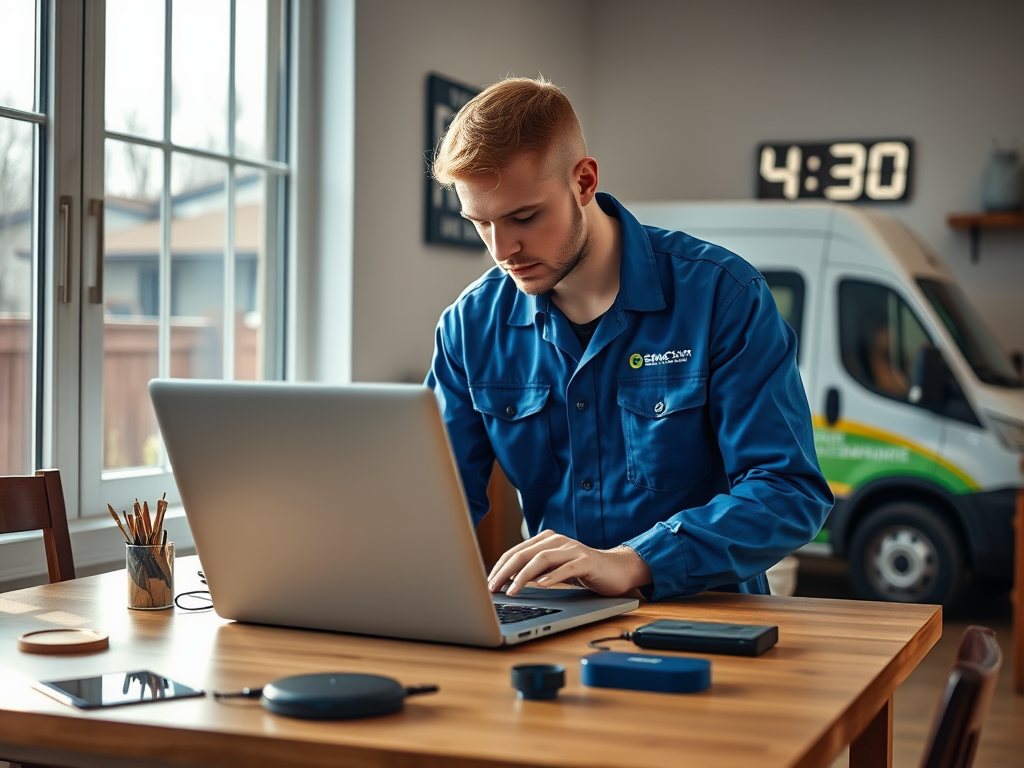 Create a realistic image of a white male technician in a blue uniform repairing a laptop on a kitchen table, with a branded company van visible through a window, emphasizing the same-day home service aspect, bright natural lighting, and a digital clock showing 4:30 PM in the background.