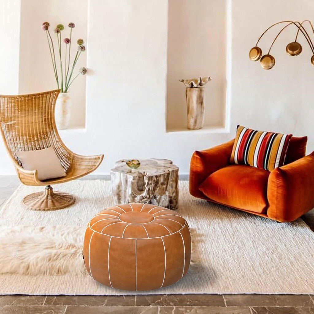 Brown Faux Leather Pouf Ottoman