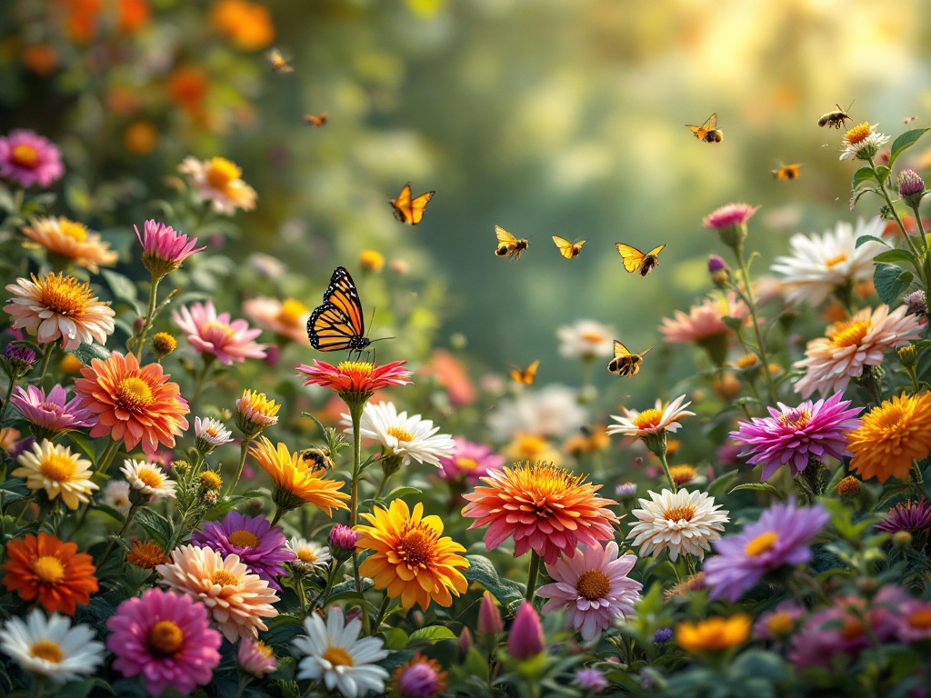 A photorealistic shot capturing a diverse array of colorful flowers in a lush garden setting, with butterflies and bees visible, symbolizing biodiversity and the interconnectedness of nature