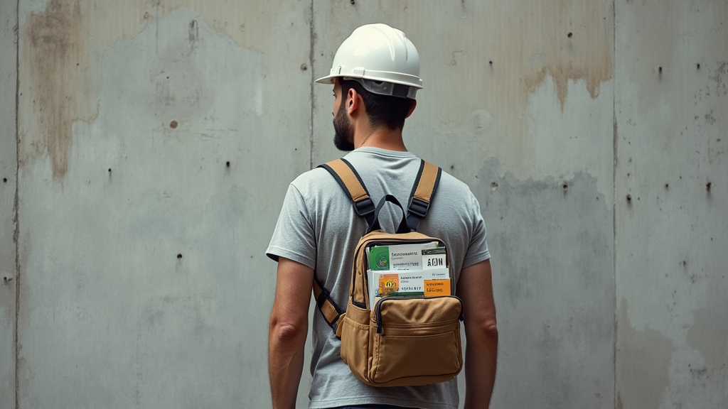 A man painted in shades of gray and brown stands immobile against a concrete wall, wearing a hard hat and a fanny pack filled with brochures about sustainable living.