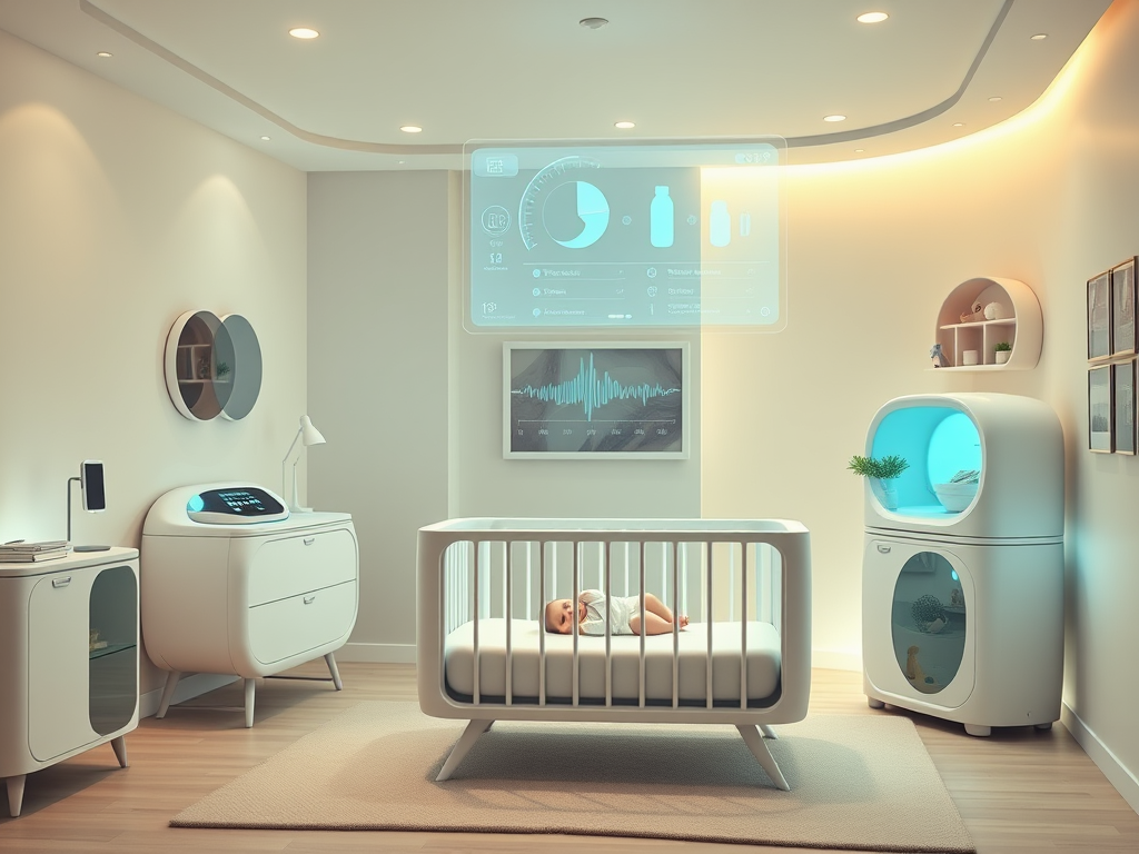 Create a realistic image of a modern, sleek nursery with futuristic baby gear for 2025, featuring a smart crib with built-in sensors, a high-tech baby monitor, an eco-friendly diaper disposal system, and an advanced bottle sterilizer. The room has soft, ambient lighting and a minimalist design with pastel colors. A floating holographic display shows the baby's vital signs and sleep patterns.