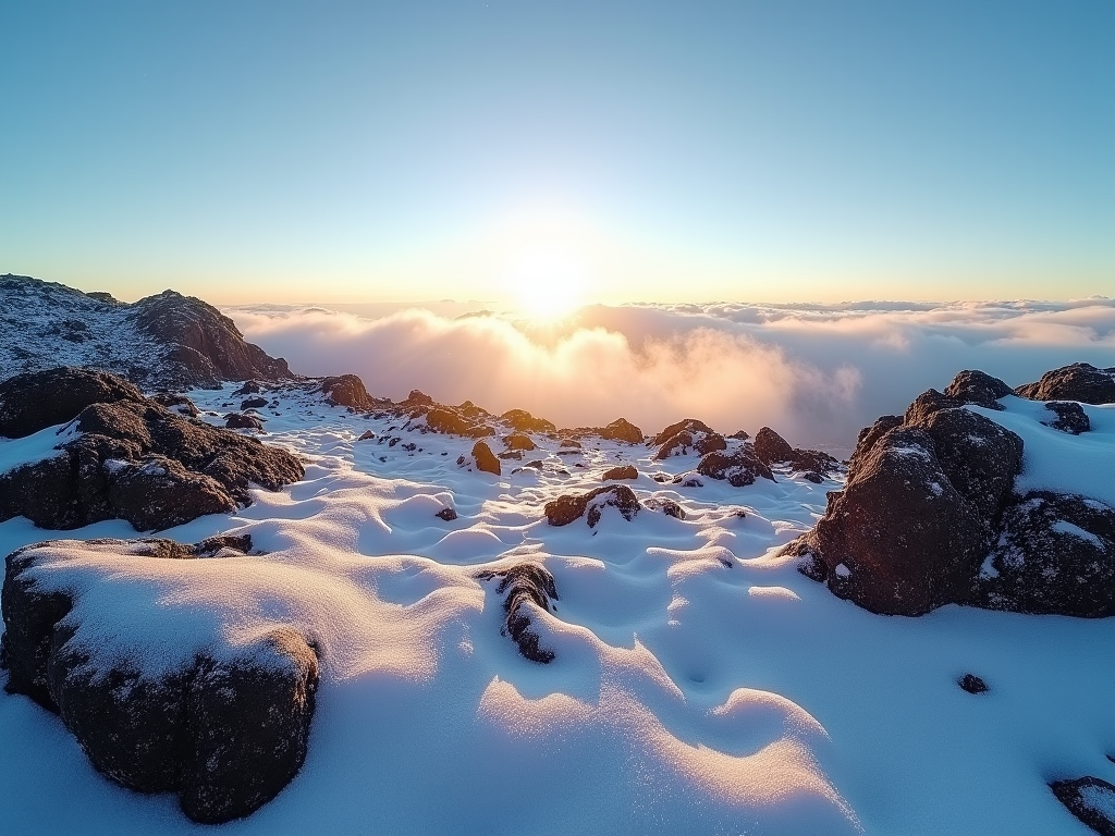 Imagine a surreal and captivating scene atop Hawaii's Mauna Kea summit, where a rare snowfall blankets the landscape. The foreground features a vivid contrast between the dark volcanic rocks and the pristine white snow, subtly dusted over the rugged terrain. Above, the sky is a crisp, clear blue, with a few wispy clouds enhancing the depth of the scene. In the background, the sun is just rising, casting a warm golden glow that gradually merges into the cooler blue of the sky, creating a magical gradient. This light illuminates the snowflakes, making them shimmer gently. Scattered across the scene are native silhouettes of Mauna Kea's rare plants peeking through the snow, adding a touch of green and brown to the palette. The composition should evoke a sense of wonder and rarity, capturing the unusual yet serene beauty of snow in a tropical location. Style this image with a blend of photorealism to capture the detailed textures of snow and rock, contrasted with a touch of impressionism to enhance the dreamlike, ethereal quality of the scene. The overall mood is tranquil and awe-inspiring, reflecting both the sacredness of the summit and the scientific curiosity it inspires.