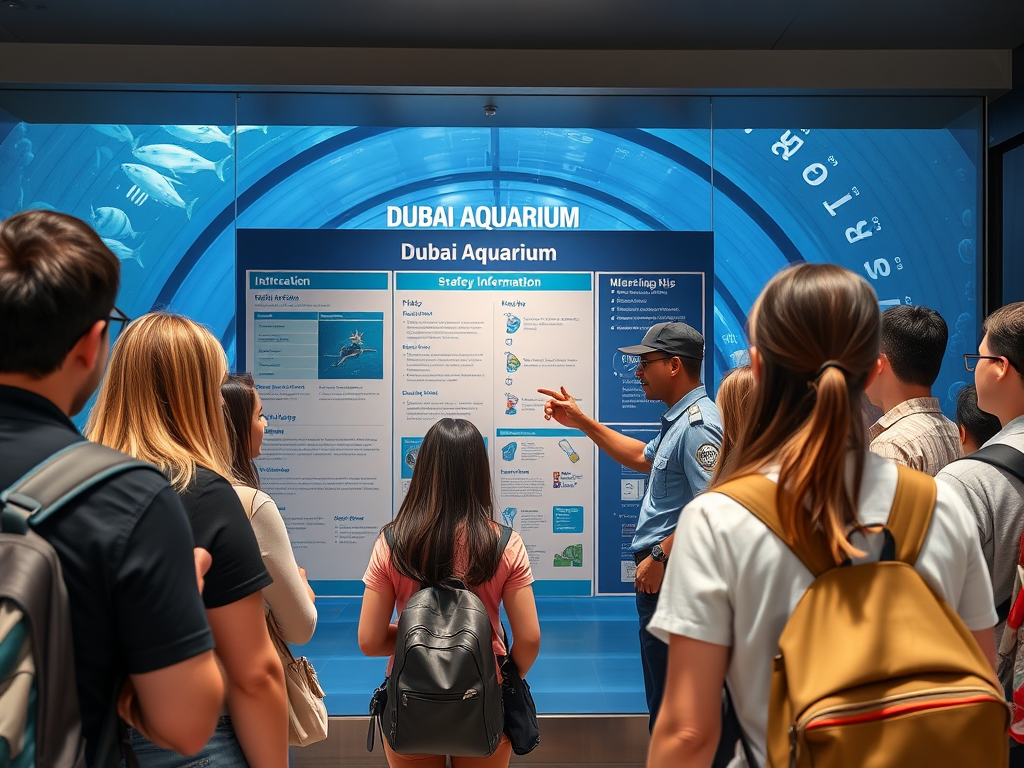 Create a realistic image of a diverse group of tourists standing in front of a large information board at the Dubai Aquarium entrance, with the iconic glass tunnel visible in the background. The board displays visitor information, pricing, and safety tips. A uniformed staff member is gesturing towards the board, explaining details to the visitors. The scene is well-lit, conveying a welcoming and informative atmosphere.